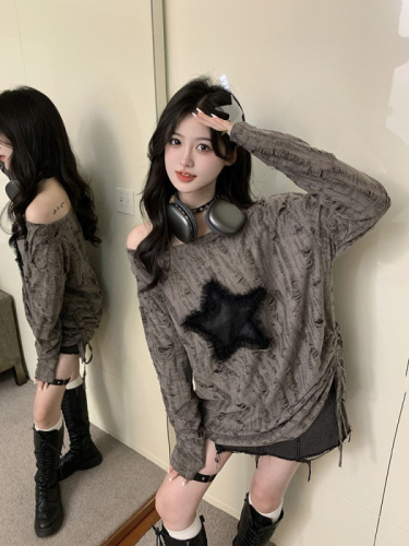 2024 Early Spring Round Neck Long Sleeve T-Shirt Women's Lazy Style Pullover Loose Hole Star Drawstring Top Thin Style Women