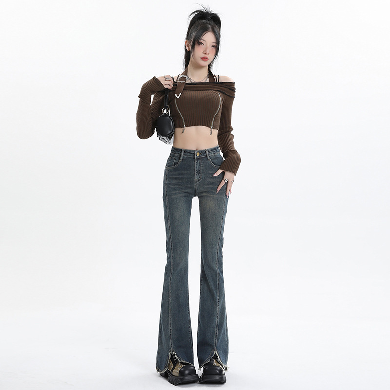 Actual shot of high-waisted retro jeans for women with bootcut pants, new design, slimming raw edge slit flared pants 1