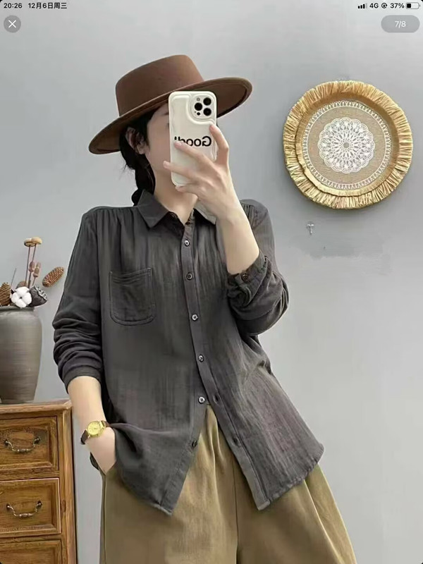 Dark gray cotton long-sleeved shirt for women spring and autumn new Korean style loose slim top retro versatile base shirt