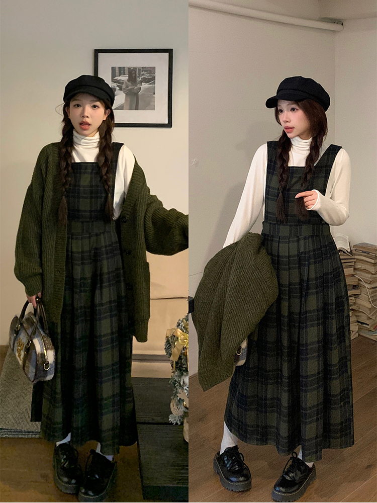 Actual shot of early spring Korean chic simple green plaid vest dress three-piece set