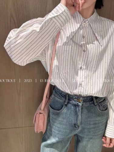 Striped shirt with diamond design for women, niche early spring new Korean style loose, slim and versatile casual long-sleeved top