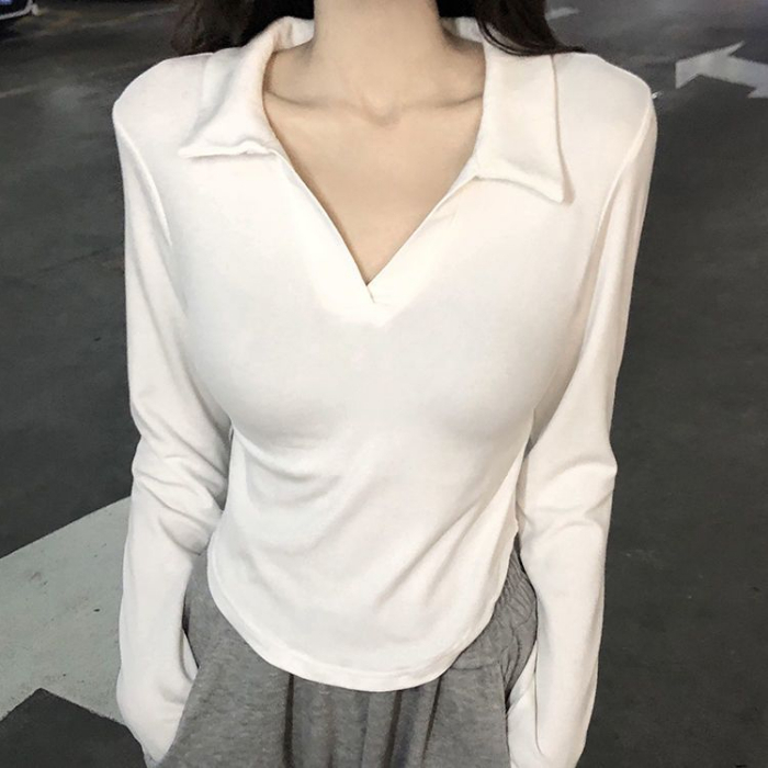 polo領短款長袖T恤女設計感修身白色打底上衣