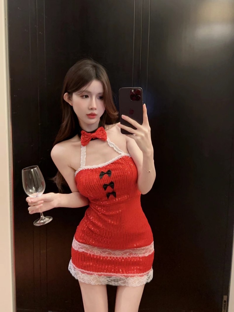 Real shot~ Hot girl annual party New Year's sequined slim maid sleeveless pure lust sexy nightclub dress for women