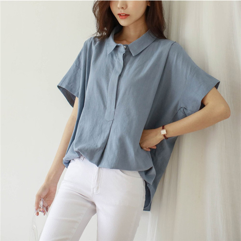 POL collar simple short-sleeved casual pullover shirt top for women 2024 Korean style loose literary swallowtail linen shirt