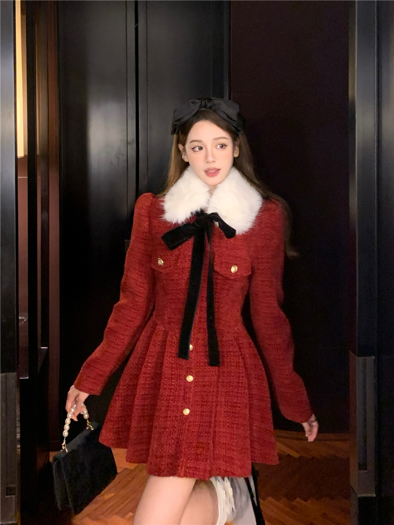 Real shot ~ New Year's shirt, high-end socialite Xiaoxiang style dress with detachable fur collar