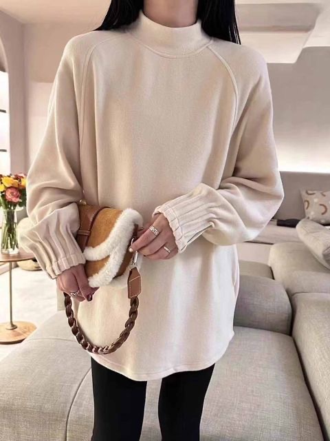 Winter new Korean style loose German velvet pleated design half-high collar brushed long-sleeved T-shirt women's mid-length top