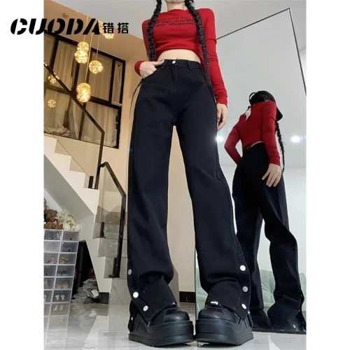American High Street Black Narrow Straight Jeans Women's 2024 Spring and Summer New Style Breasted Slit Pipe Long Pants