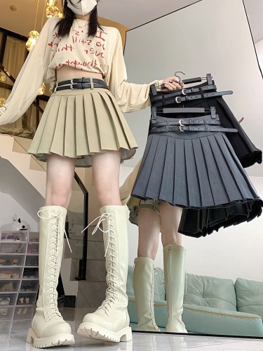 Actual shot Spring style~Sweet cool double belt design pleated skirt high waist slim suit skirt A-line skirt