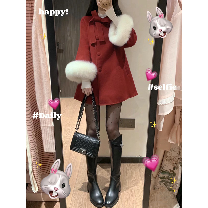 Woolen splicing fox fur cloak woolen coat for women red New Year woolen coat for women