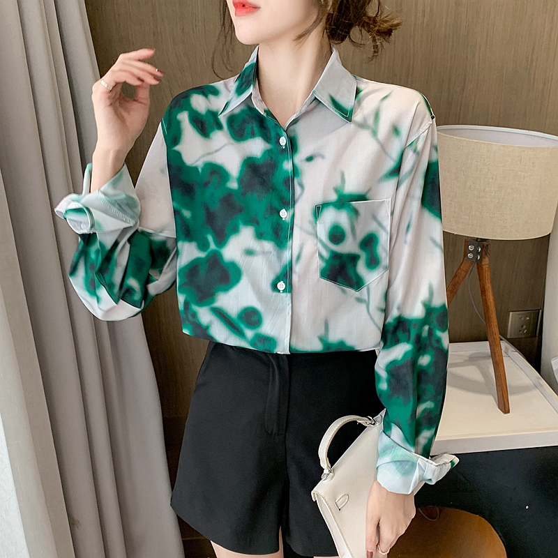 Actual shot of 2024 early spring lapel reactive printing casual versatile loose chiffon long-sleeved top shirt shirt for women