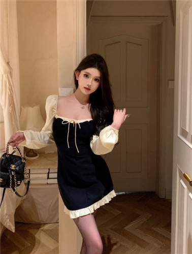 Actual shot~French style pure desire contrasting color design strappy puff sleeves heavy industry slimming lace dress