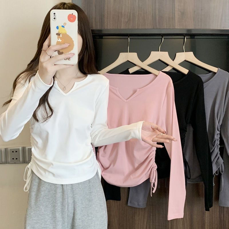 Spring and Autumn Drawstring Slimming Unique Bottoming Shirt Top T-Shirt for Women