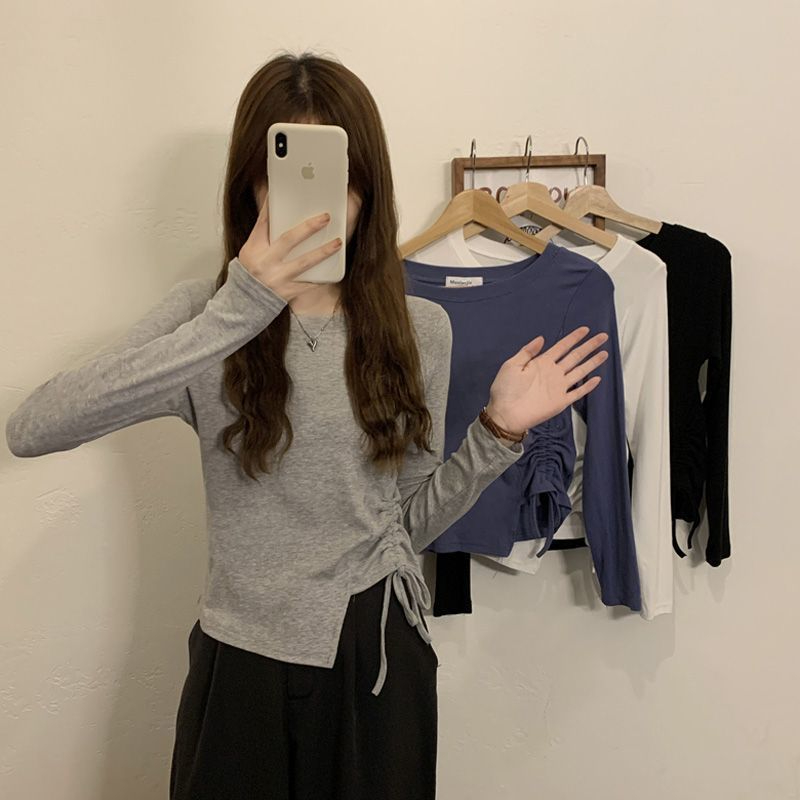 Women's drawstring right shoulder long sleeve t-shirt