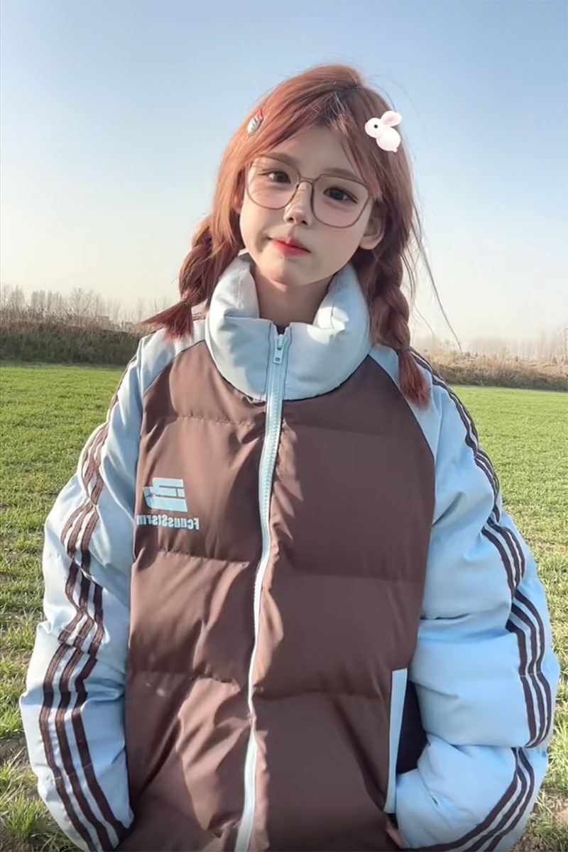 National trend brand oversize stitching contrasting color down jacket for women autumn and winter loose lazy style thickened cotton coat