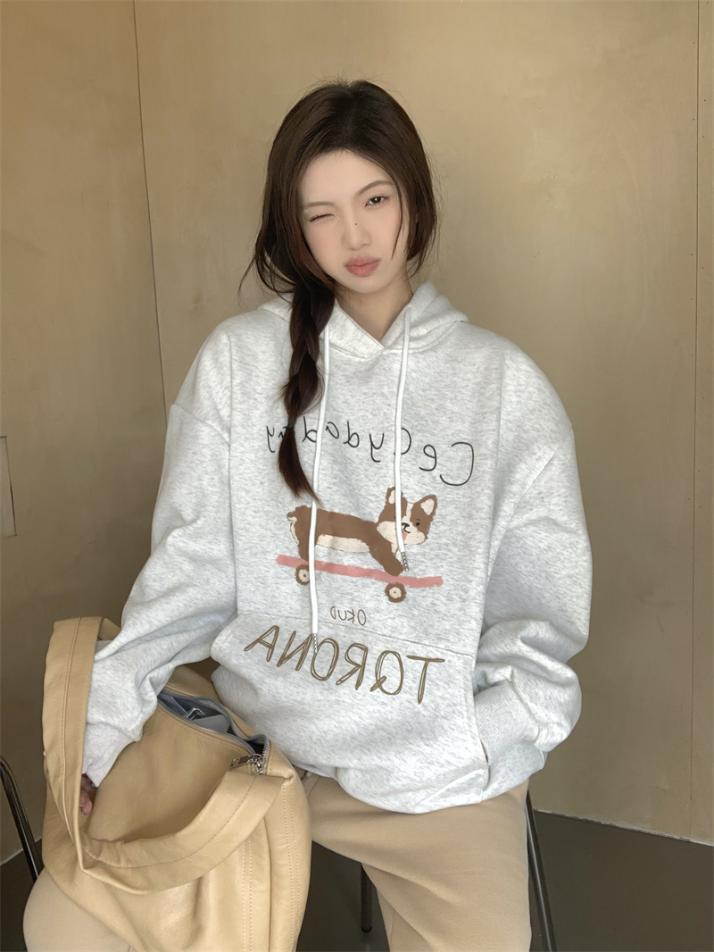 實拍~原創 美式慵懶趣味小狗印花加絨銀狐絨連帽衛衣