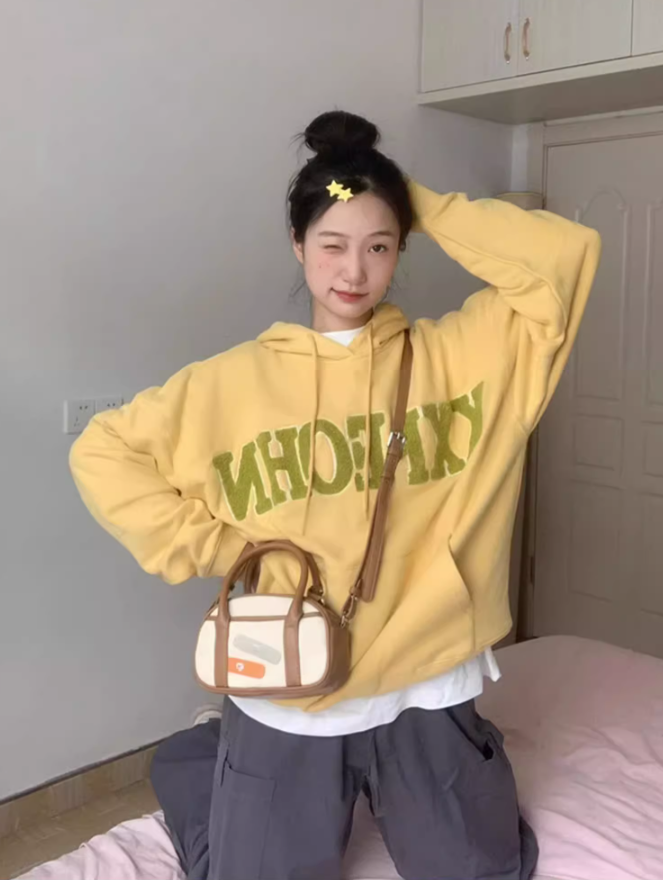 美式復古黃色長袖連帽衛衣女春秋季套頭薄款寬鬆oversize潮牌上衣