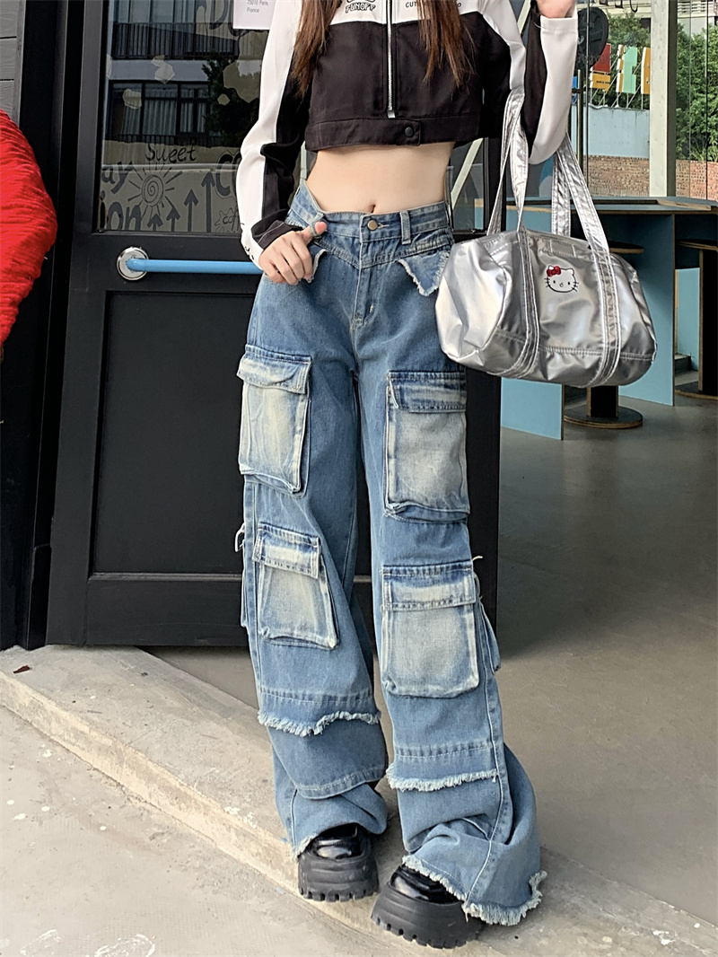 Real shot!  New washed gradient retro pocket overalls high-end casual all-match jeans for women