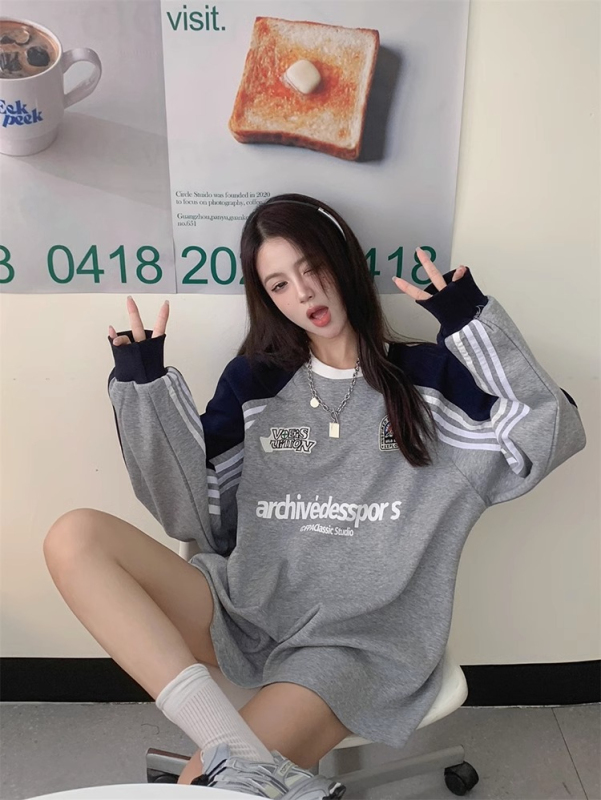 Original workmanship American style contrasting color sweatshirt for women spring 2024 new letter print design loose top trendy