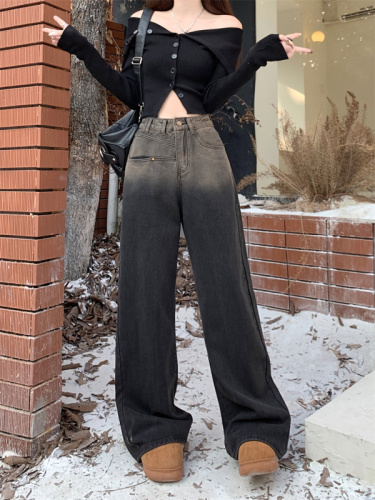 Actual shot of the new autumn Korean style fleece wide-leg pants, retro high-waisted, versatile straight-leg denim long pants for women