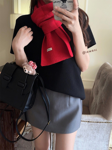 Actual shot of early spring Korean chic simple solid color scarf short-sleeved knitted T-shirt top