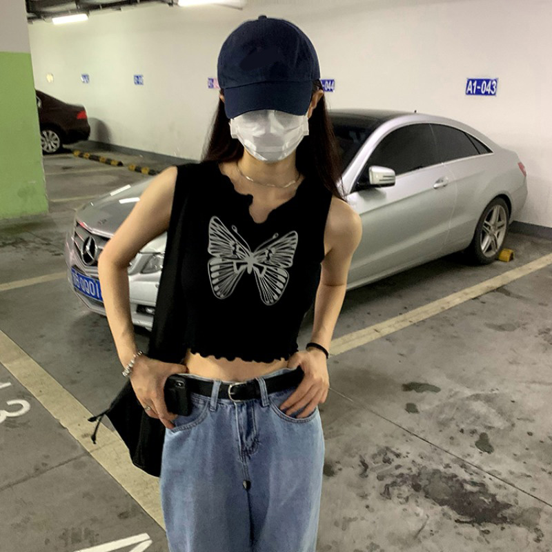 Retro black butterfly print sleeveless vest for women's outer wear trendy spring 2024 new lace slim short top