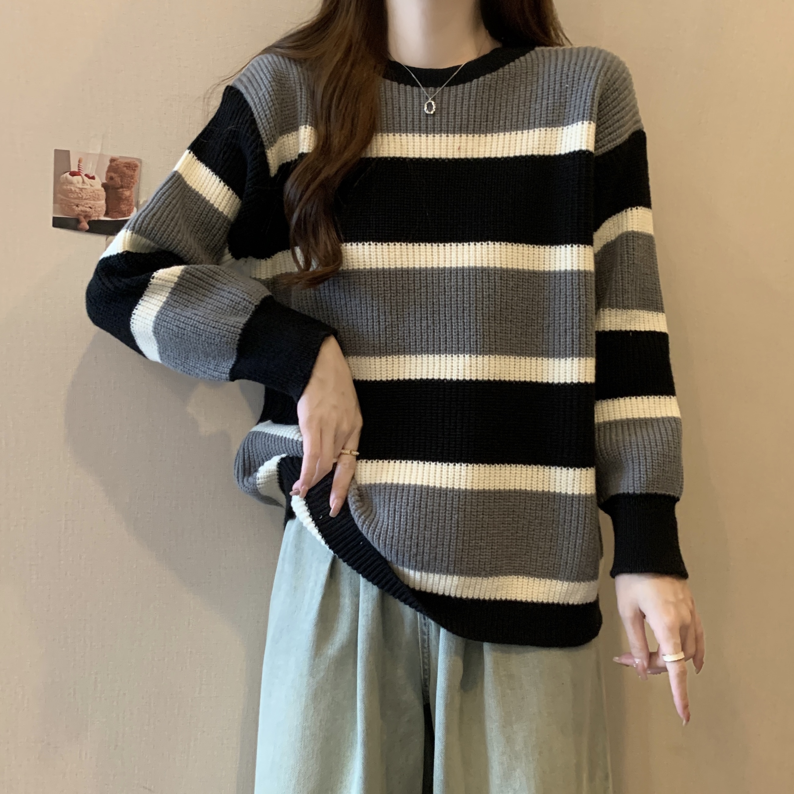 實拍 大碼秋冬套頭撞色條紋毛衣女寬鬆慵懶百搭厚款針織衫