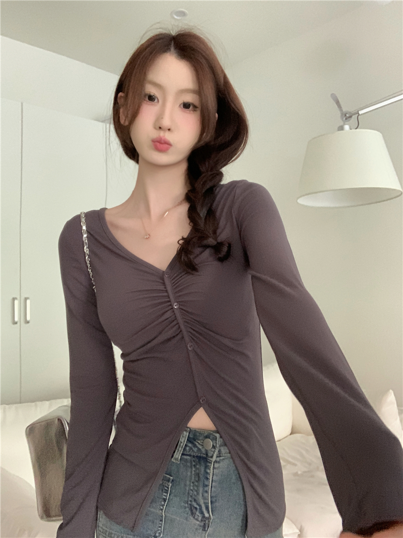 Real shot~Early spring elastic slim niche design V-neck solid color hot girl long-sleeved top T-shirt for women