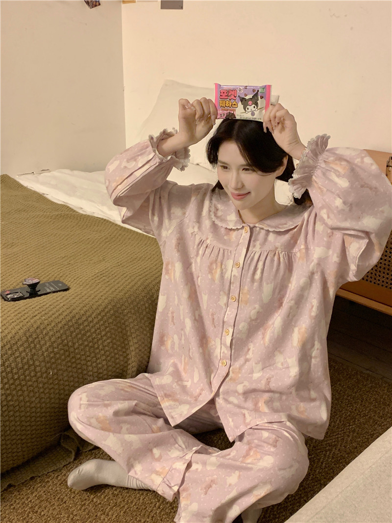 Real shot of Korean version spring and autumn cotton brushed cartoon elk loose doll collar cute and comfortable home clothes set