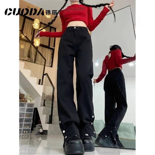 American High Street Black Narrow Straight Jeans Women's 2024 Spring and Summer New Style Breasted Slit Pipe Long Pants