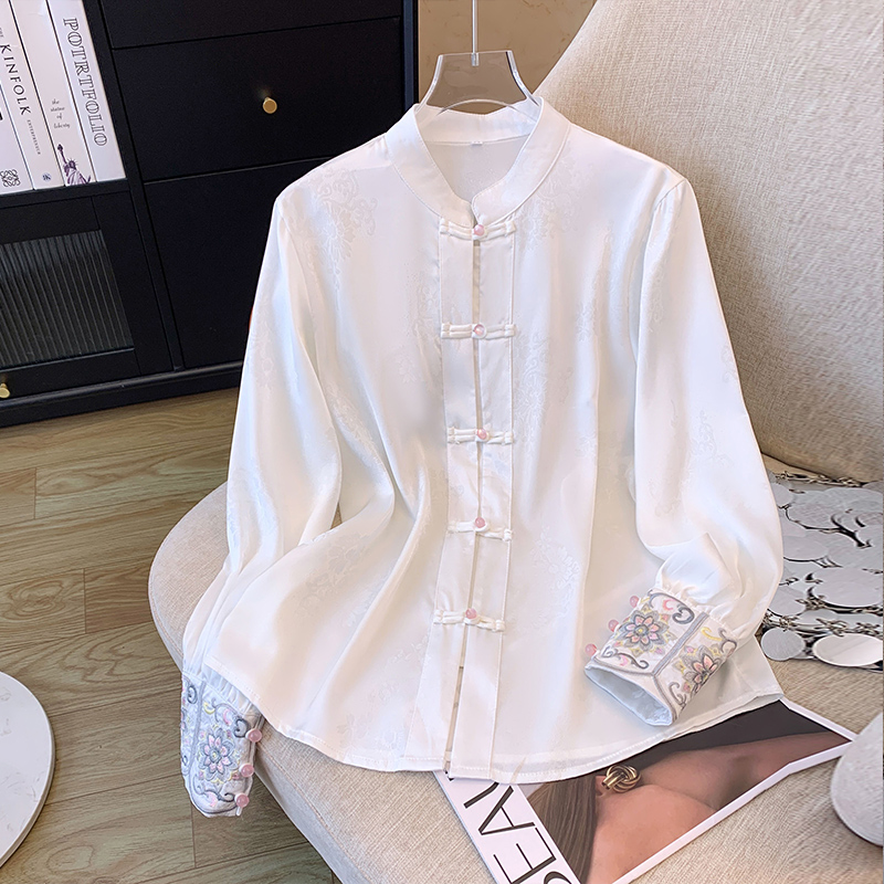 長袖盤扣中國風襯衣女2024春款白色刺繡立領新中式襯衫打底上衣