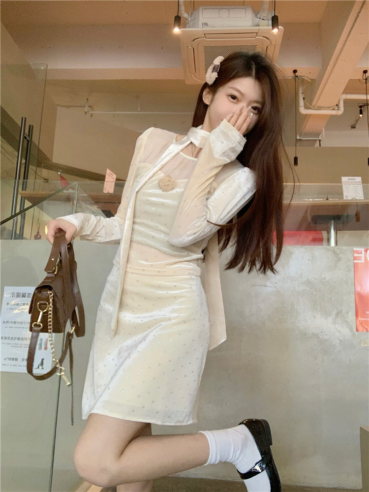 Actual shot ~ Pure Desire Heavy Industry Bow Sequins Small Shirt Velvet Bottoming Shirt Two-piece Set