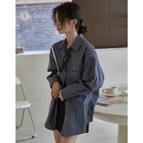 Actual shot of 2024 spring new shirt women's loose oversize plaid shirt jacket women's long-sleeved mid-length shirt