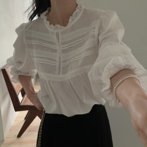 Korean style retro sweet fungus-edged shirt gentle stand-up collar girly lace solid color long-sleeved top