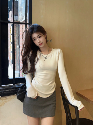 Actual shot~Spring style~Early spring right shoulder T-shirt 2024 new slim long-sleeved inner layering shirt top