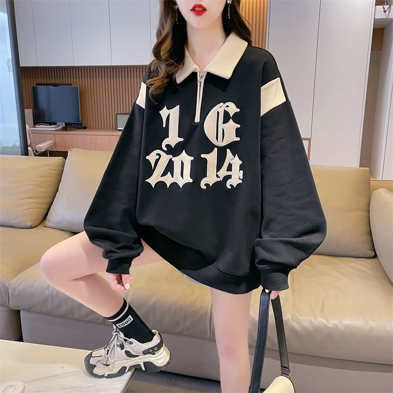 實拍-2024春裝韓版寬鬆大碼印花拼接插色薄款衛衣女