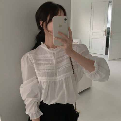 Korean style retro sweet fungus-edged shirt gentle stand-up collar girly lace solid color long-sleeved top