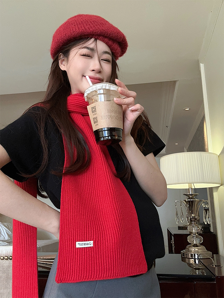 Actual shot of early spring Korean chic simple solid color scarf short-sleeved knitted T-shirt top