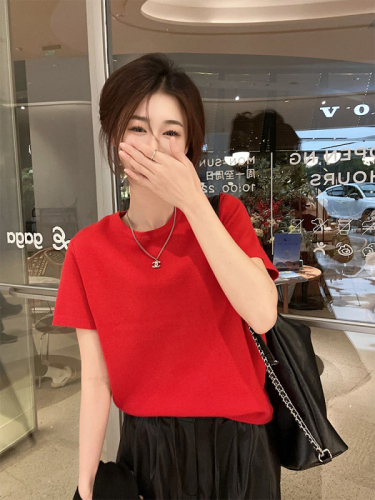 Actual shot of early spring Korean chic simple solid color scarf short-sleeved knitted T-shirt top
