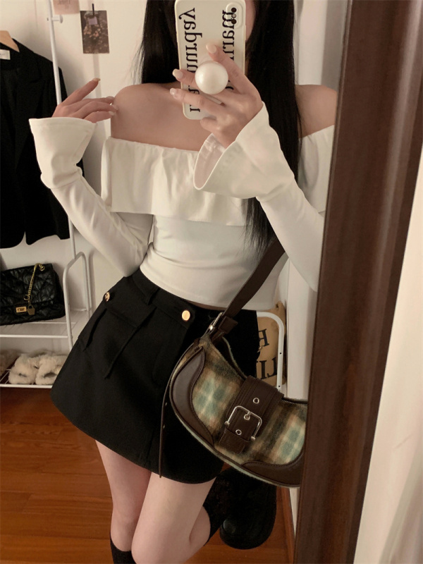Actual shot of 2024 early spring ear-shaped one-shoulder trumpet sleeve short T+ straight temperament high-waist work dress