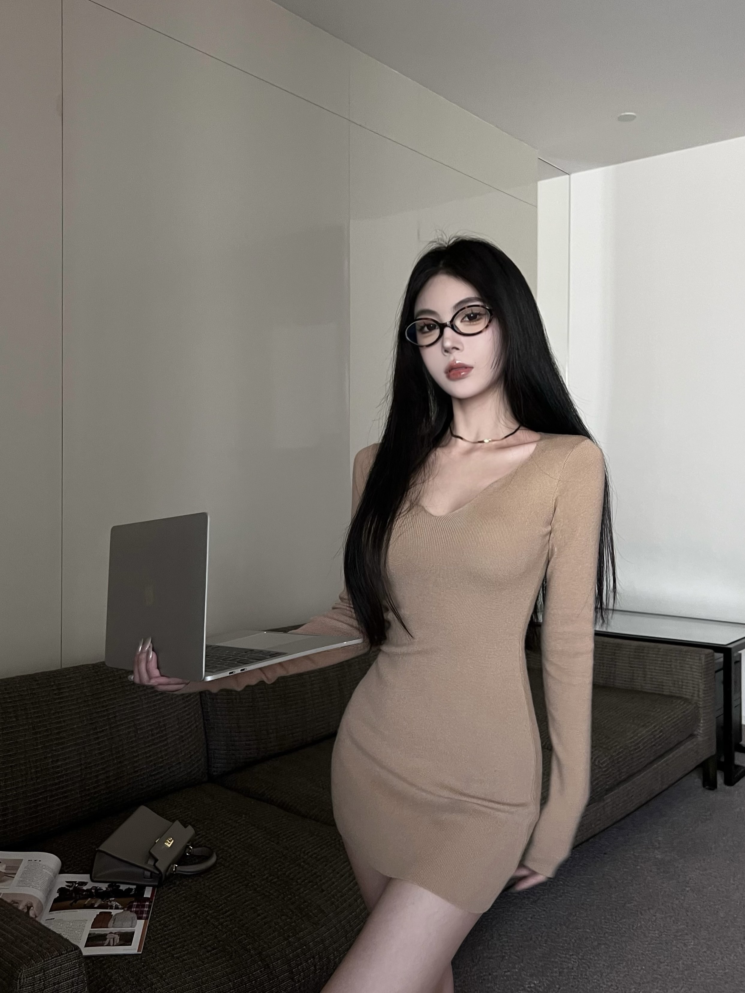 Actual shot of Korean style petite and versatile v-neck knitted sweater dress, slim and slim dress