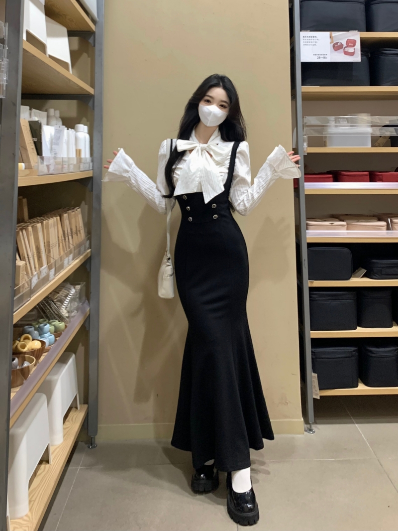 Plus size women's suspender dress shirt two-piece set autumn and winter sexy hot girl shows off her figure and buttocks fishtail long skirt
