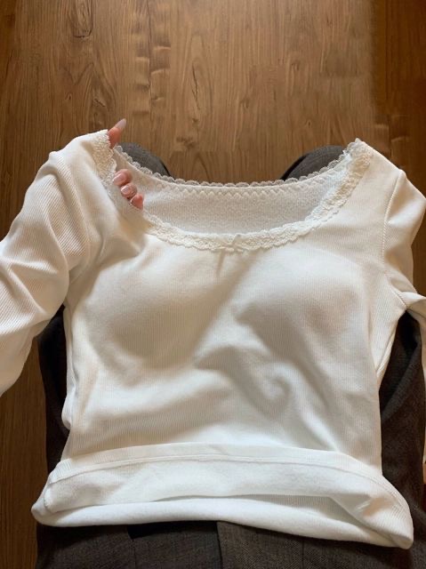 German velvet bottoming shirt, long-sleeved T-shirt for women, autumn and winter with chest pad, lace and velvet, warm inner, slim-fit pure desire short top