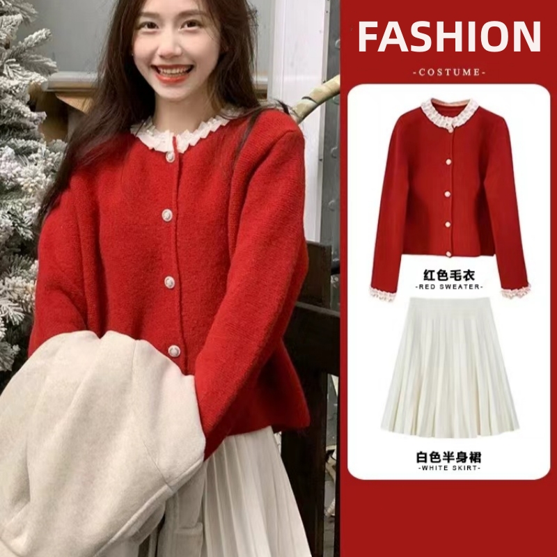 Korean drama with a complete set of women's 2024 spring new Xiaoxiang college style knitted cardigan pleated skirt two-piece trendy set