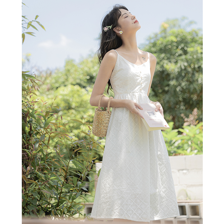 實拍吊帶連衣裙初戀甜美氣質小個子中長裙清新新仙氣女白色吊帶裙