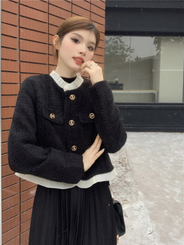 Real shot of black dress and coat for women 2024 new style small style short quilted coat and skirt two-piece set