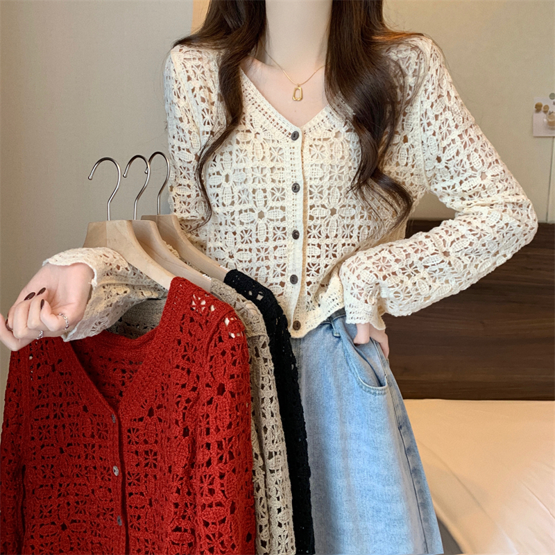 Actual shot of the new Korean style spring style crocheted hollow cardigan blouse
