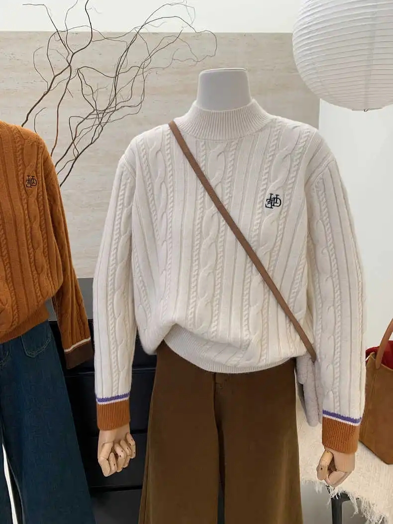 冬季新款韓版寬鬆刺繡減齡半高領加厚毛衣女針織衫上衣