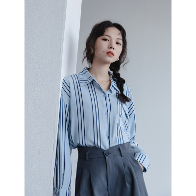 藍色條紋襯衫女秋季新款設計感小眾韓版休閒長袖襯衣