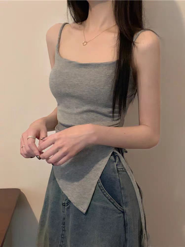 不規則開叉吊帶背心女夏季系帶設計感內搭帶胸墊外穿甜辣抹胸上衣