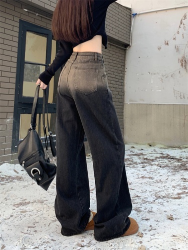 Actual shot of the new autumn Korean style fleece wide-leg pants, retro high-waisted, versatile straight-leg denim long pants for women